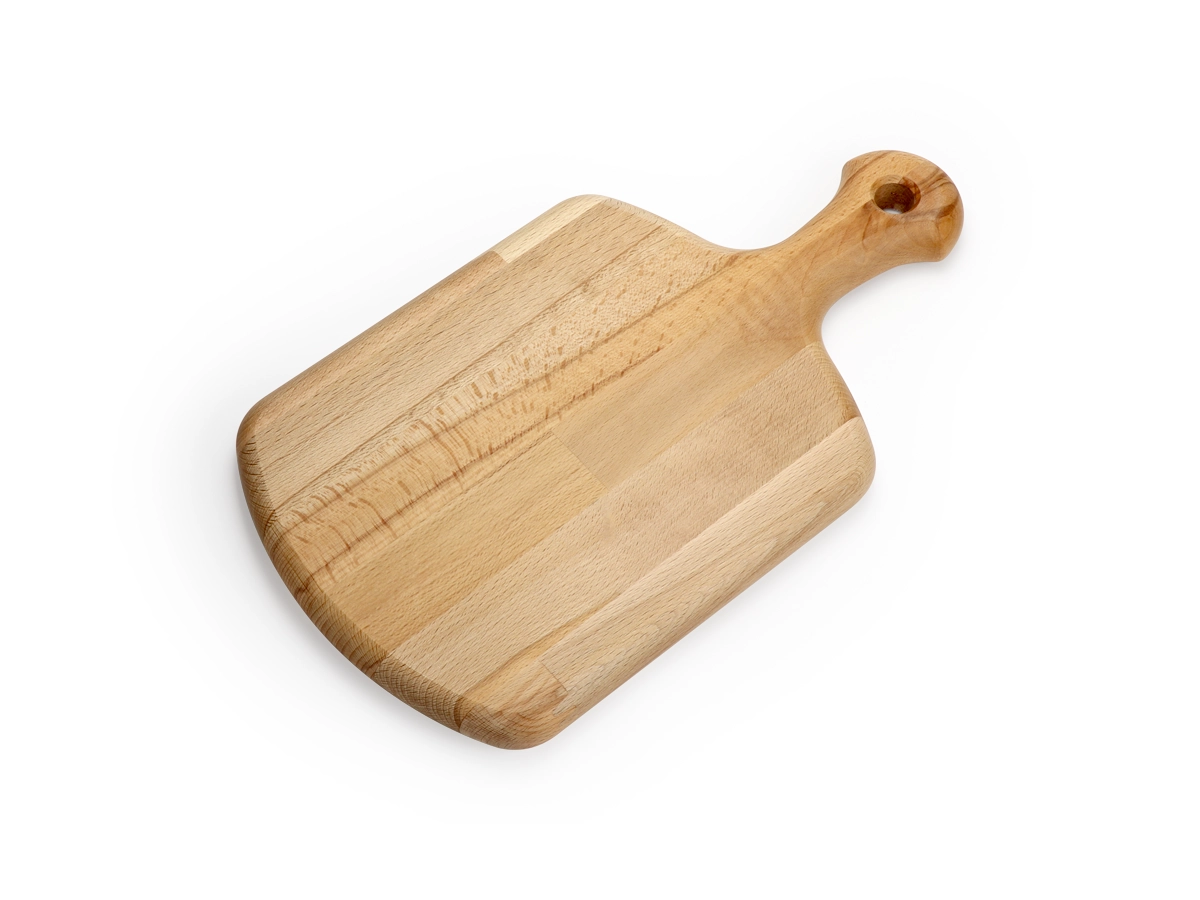 Tagliere in legno di faggio rettangolare con manico sagomato, vista completa, misure 385x215x24 mm – TAM3821.