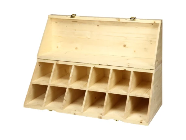 Cantinetta per 12 bottiglie CANT12 in legno di abete, vista frontale aperta, misure interne 680 x 220 x h 340 mm