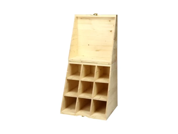 Cantinetta per 9 bottiglie CANT9 in legno di abete, vista frontale aperta, misure interne 335 x 335 x h 340 mm