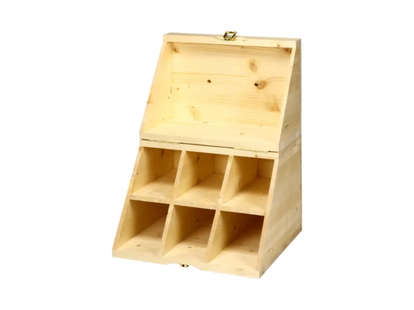Cassetta in legno di abete CANT6 per 6 bottiglie da 0,75 LT, vista esposizione frontale aperta