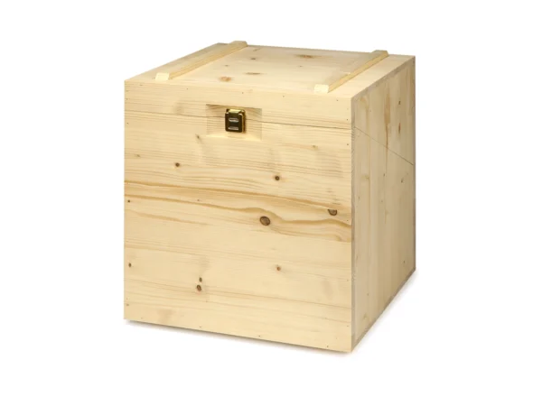 Cassetta per 9 bottiglie CANT9 in legno di abete, vista frontale chiusa, misure interne 335x335xH340 mm