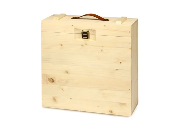 Cassetta in legno di abete CANT3 per 3 bottiglie da 0,75 LT, vista frontale chiusa con coperchio